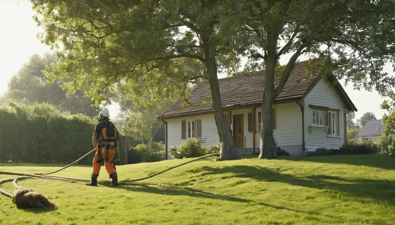 A tree removal provider working on a large tree beside a house in Bloomfield